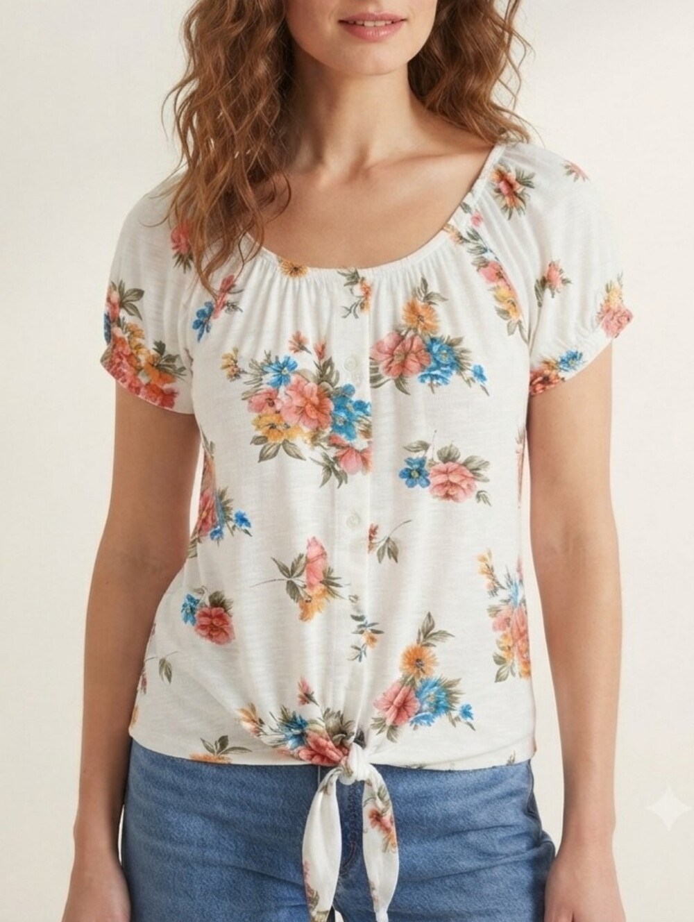 🟣 Sz S White Floral Tie-Hem Scoop Neck Stretchy Top Rayon Blouse